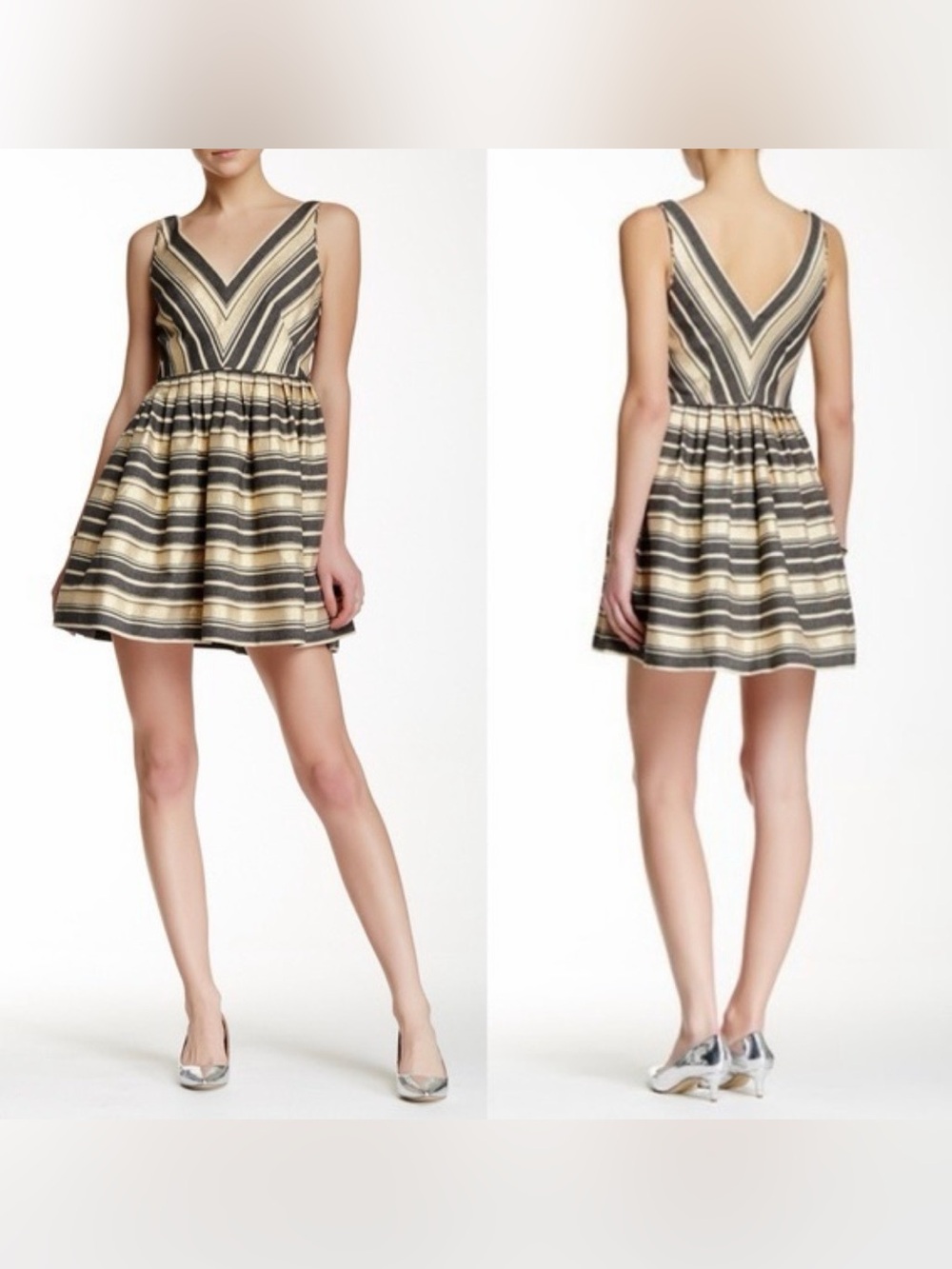 J. Crew Gold Metallic Striped Mini Dress Fit & Flare Party Holiday Glam Size 6